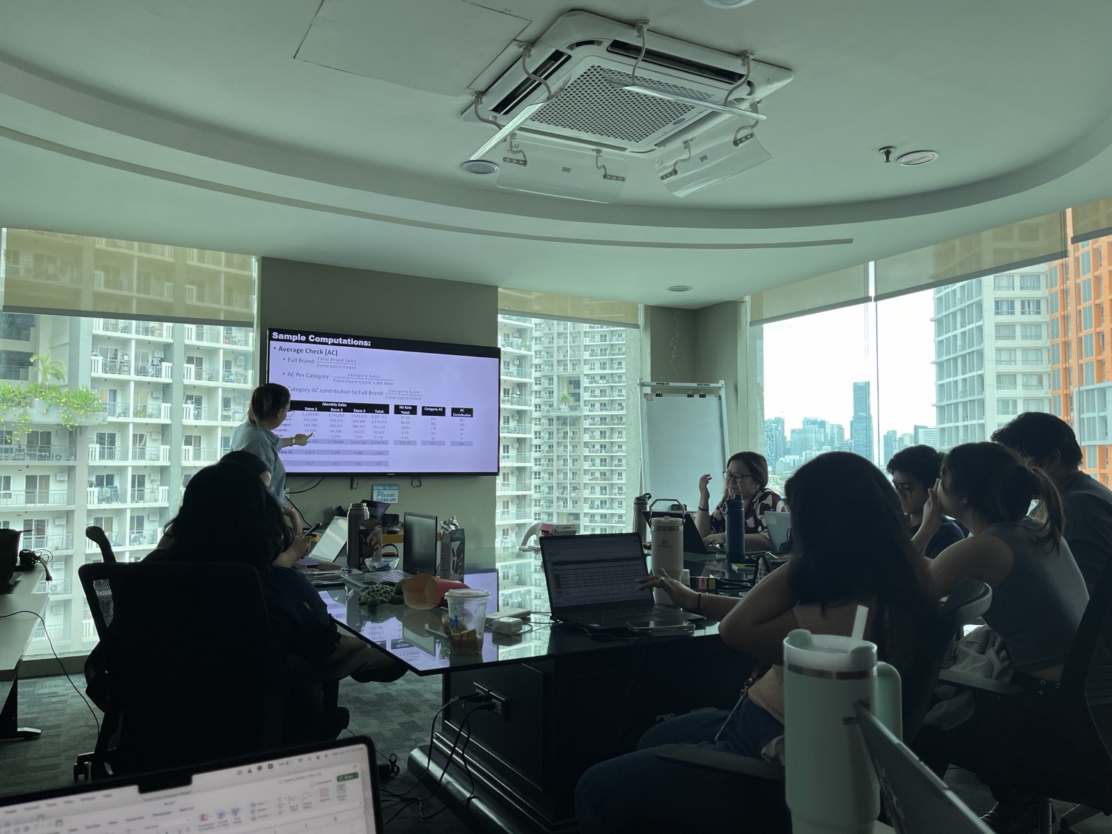 A boardroom review session with average-check computations on the screen and the Manila skyline outside